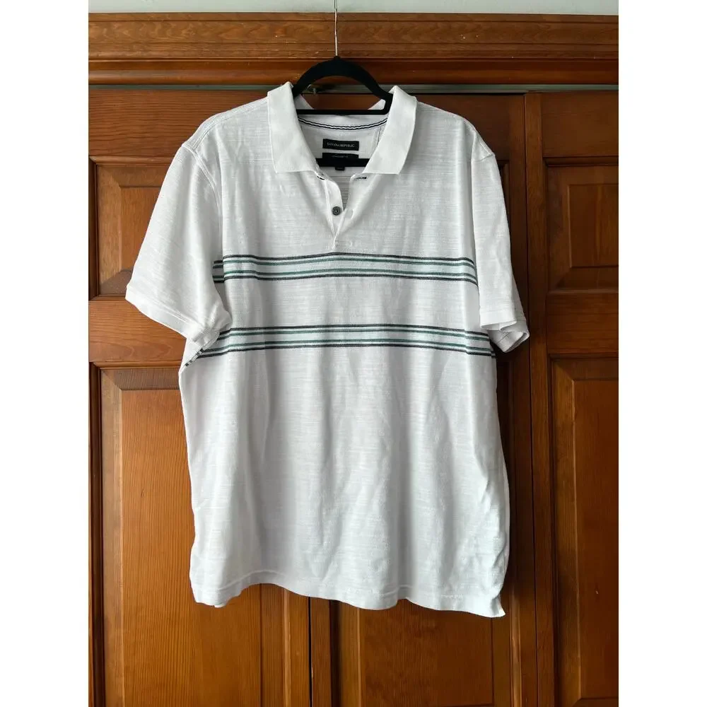 Banana Republic Men’s Striped Pique Polo Shirt White Green Standard Fit Size XXL